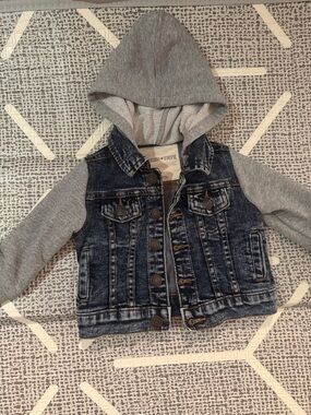 Tucker and Tate Hooded Denim Jacket with Gray Knit Sleeves